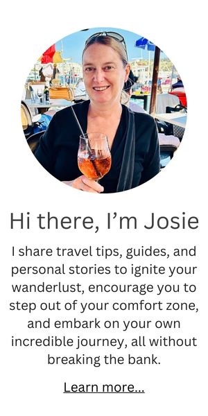 Person holding a drink, standing in front of a marina. Text introduces Josie, who shares travel tips to inspire journeys without overspending. "Learn more" link at the bottom.