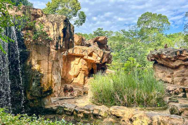 Which Mandai Wildlife Park Should You Visit? I Tried All Five 6 A rocky habitat with a waterfall, dense greenery, and monkeys resting on stone ledges under a partly cloudy sky.