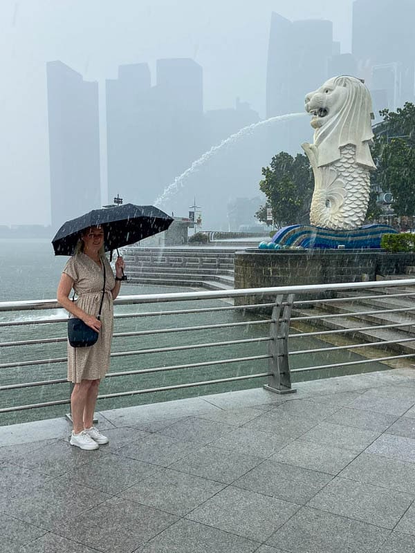 A person stands under an umbrella in the rain near the Merlion statue by the waterfront, city buildings in the background—capturing a classic moment to Visit Singapore.