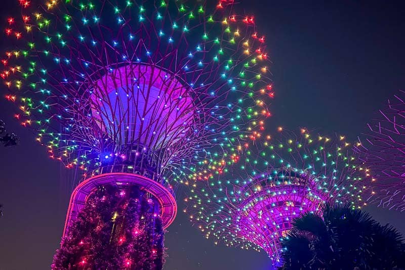 32 Fun Things to do in Singapore on a Budget 4 Tall artificial tree structures in Singapore illuminated with colorful lights at night, set against a dark sky.