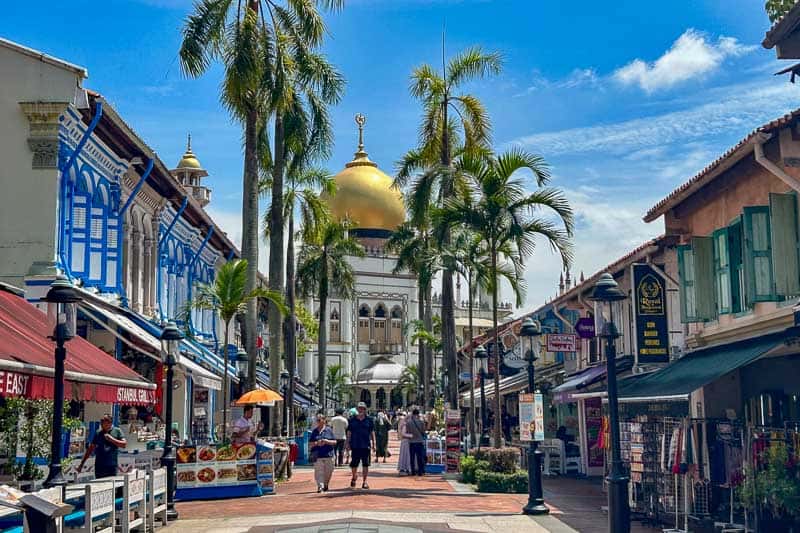 32 Fun Things to do in Singapore on a Budget 10 People walk along a vibrant Singapore street lined with shops and palm trees, with a golden-domed mosque prominently visible in the background under a blue sky.