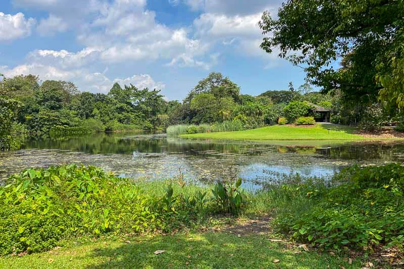 32 Fun Things to do in Singapore on a Budget 19 A calm pond in Singapore, surrounded by green trees and grass under a partly cloudy sky.
