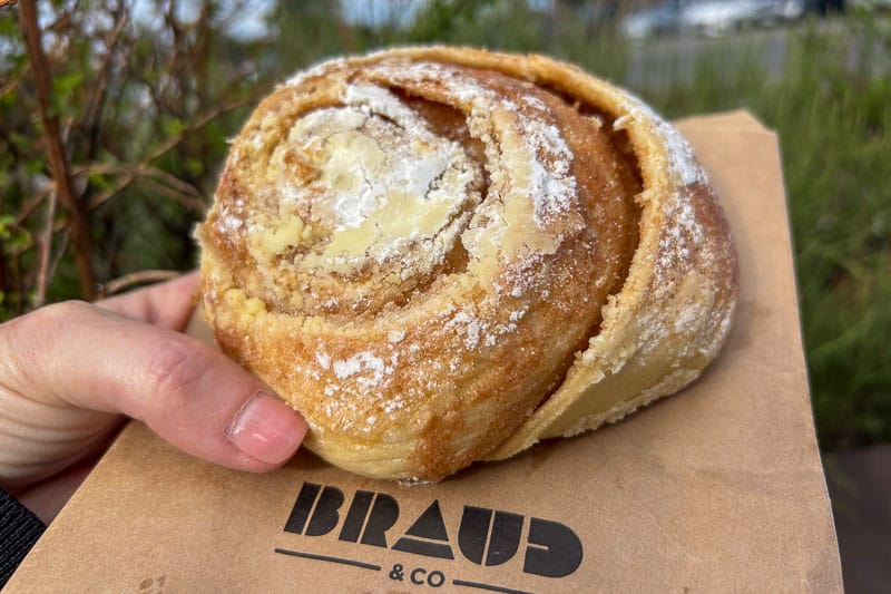 10 Days in Iceland: Our Real Itinerary 7 A hand holds a cinnamon roll dusted with powdered sugar on a brown paper bag labeled "BRAUD & CO," the perfect treat to enjoy during 10 days in Iceland, with lush greenery in the background.