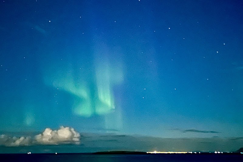 Things to Know Before Going to Iceland 6 A night sky filled with stars and green aurora borealis above a calm body of water, capturing the magic of going to Iceland. A few clouds drift near the horizon, with faint lights glowing from a distant shoreline.