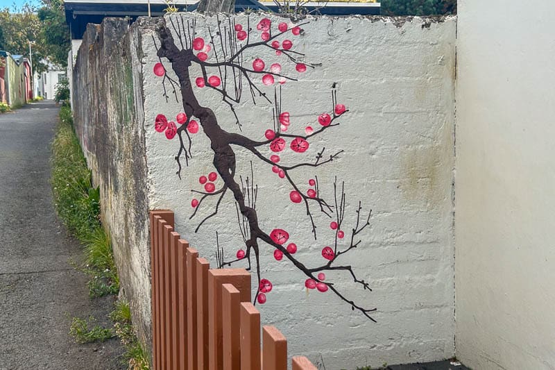 Street Art in Iceland 11 A mural of a tree branch with pink blossoms is painted on a white concrete wall at the corner of a fence and an alleyway. A wooden fence and grass are visible in the foreground.