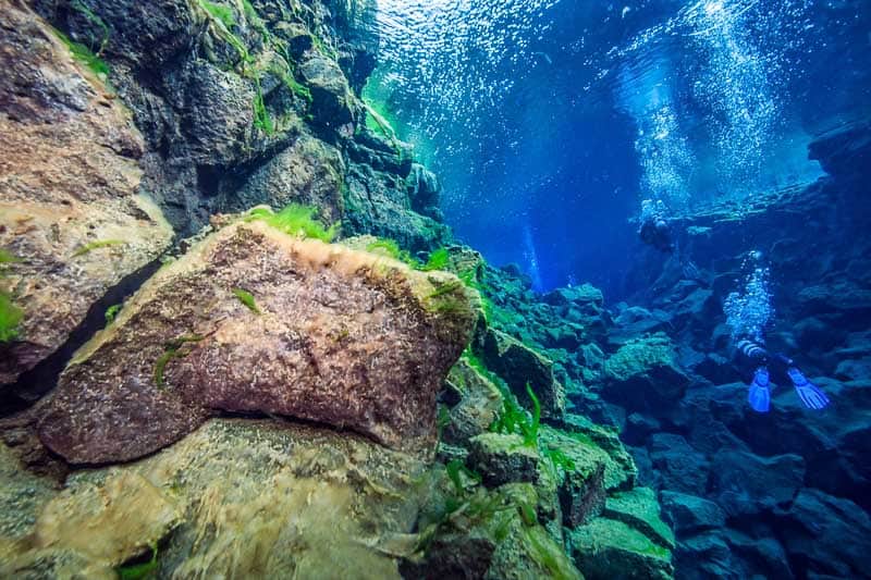 Things I Wish I Had Done in Iceland 3 Two scuba divers swim through a clear underwater fissure in Iceland, gliding between rocky walls covered in algae. Sunlight filters from above, illuminating the blue water and unique rocky formations.