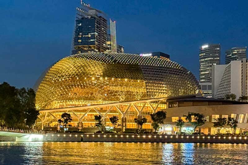 32 Fun Things to do in Singapore on a Budget 18 The image shows the Esplanade – Theatres on the Bay in Singapore at night, with its distinctive dome-shaped, spiky exterior lit up, and city buildings visible in the background across the water.