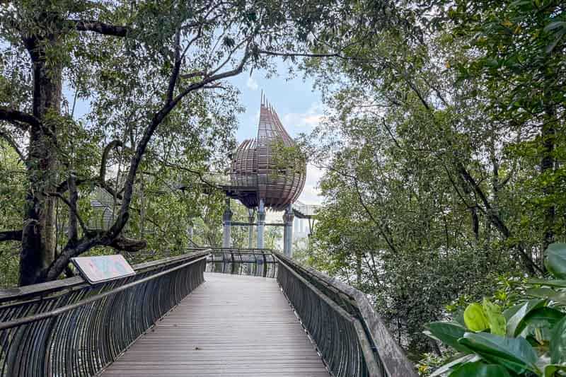32 Fun Things to do in Singapore on a Budget 24 A wooden walkway leads through dense green trees to a large, egg-shaped wooden structure elevated on stilts, with an information sign visible on the left side of the path.