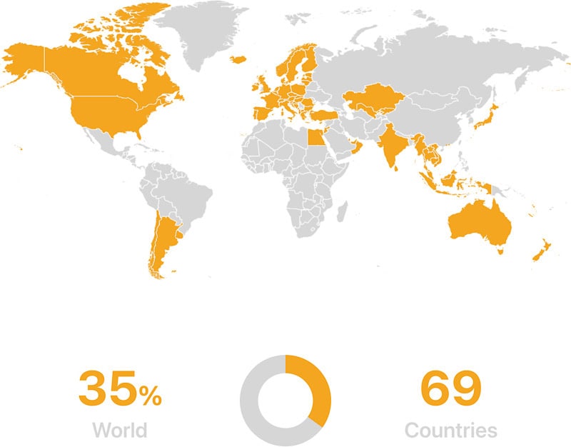 Where I've Been 1 A world map with 69 countries highlighted in orange, representing 35% of the world. The rest are grey. A circle graph below visually shows the 35% portion and the number 69 is labelled as “Countries”.